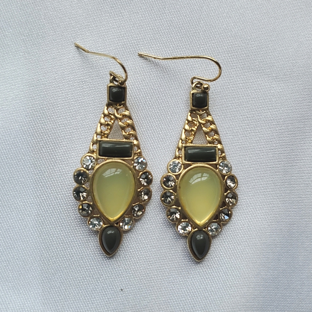 Lia Sophia Gold and Green Teardrop Earrings With Rhinestones.